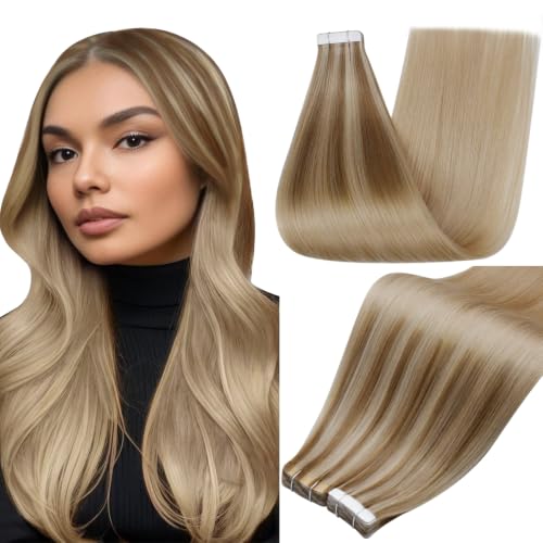 Full Shine Tape In Hair Extensions Human Hair, Golden Brown Blonde 20 Inch | 50G 20Pcs, Hair Extensions Real Human Hair, Invisible Skin Weft, Party Styling, Soft Straight Hair