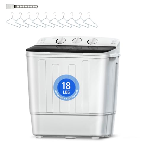 Image of DOGHLY Portable Washing Machine, 18lbs Twin Tub (11+7lbs Washer /Spinner) with 10 Hangers and Drying Rack, for Powerful Stain Removal, Semi-Automatic Compact Washer for Dorms, Apartments, RVs(Black)