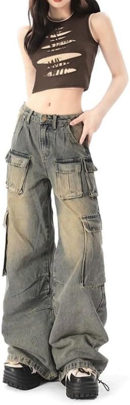 Baggy Cargo Pants for Women Girls Wide Leg Jeans Y2k Hip Hop Streetwear Low Rise Oversized Jeans Grunge Clothes Blue - Image 4