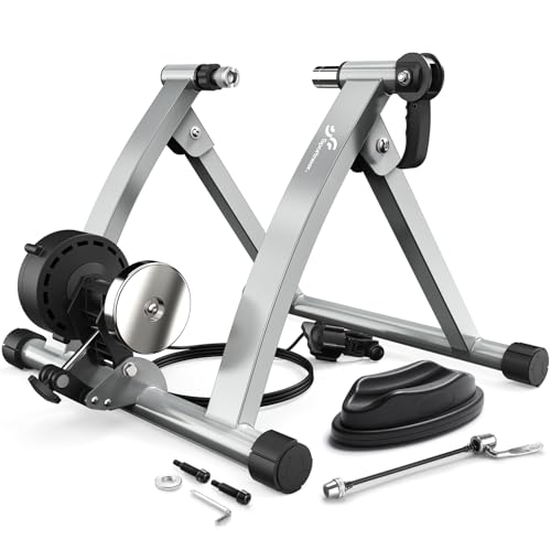 Sportneer Bike Trainer - Magnetic Stationary Bike Stand for 26-28" & 700C Wheels - Adjustable 6 Level Resistance Indoor Bike Trainer Stand with Quick Release Lever & Front Wheel Riser Block - Silver