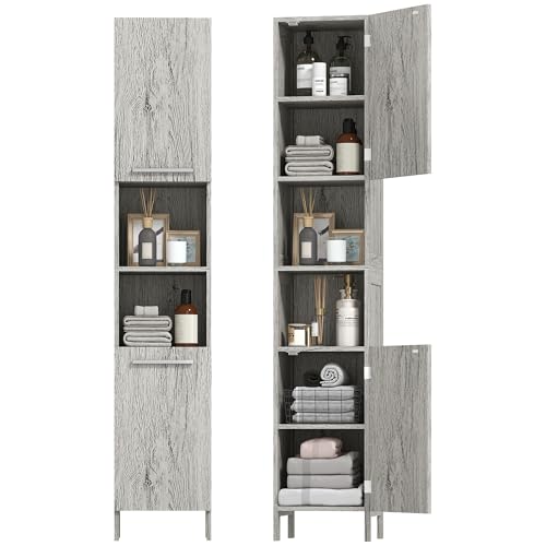 kleankin Colonna Bagno con 2 Armadietti e 2 Ripiani Aperti, Mobile Bagno in MDF con Superficie Liscia, 30x32x172.5 cm, color Legno