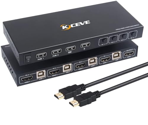Image of KVM Switch 4 Ports, 4 In 1 Out HDMI KVM Switcher Box Support 4K@60Hz, Compatible With Windows /Linux /Mac System etc, With Hotkey Switch Way, USB A-B Port