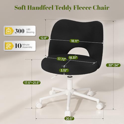 Image of DurayLoly Vanity Chair with Wheels, Soft Teddy Fleece Desk Chair, Breathable Open-Back, Height Adjustable Armless for Makeup Room, Bedroom, Dorm, Home Office, Black