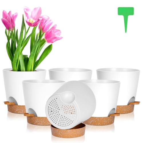 OFFCUP Plant Pots, 6pcs Plastic Plant Pots, 16.5cm Self Watering Plant Pots with Drainage Holes, Saucers and Reservoir