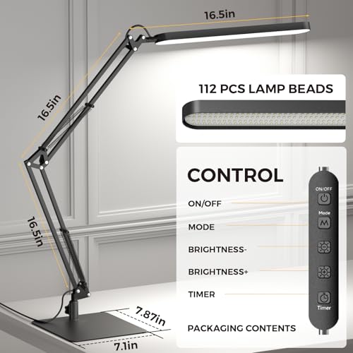 Image of SKYLEO LED Desk Lamp with Slim Base - Adjustable Swing Arm Desk Light, Dimmable, Timer, Eye Protection, Memory Function, 1300LM, 12W, Black