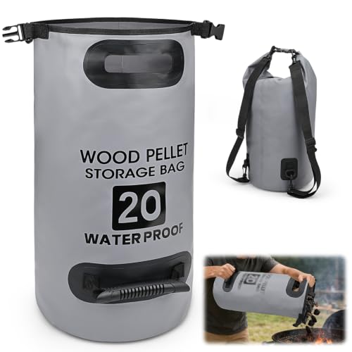 33LB/20L Waterproof Wood Pellet Storage Bag 500D PVC Portable Charcoal Storage Container Dual Handles & Backpack Buckle Seal Heavy Duty Wood Chips Pocket for BBQ Grill Smoker Accessories(Grey 1PCS)