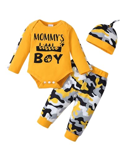 Image of NZRVAWS Newborn Baby Boy Clothes Infant Long Sleeve Yellow Romper Camouflage Pants Hat 3PC Outfits Set Fall Winter 3-6 Months