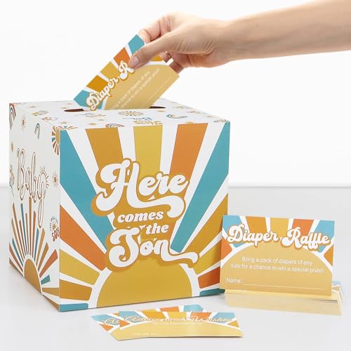Lopeastar 50 Pcs Here Comes the Son Baby Shower Decorations Diaper Raffle Tickets With Box, Kraft Boho Sun Party Diaper Raffle Cards Box, Sunshine Baby Shower Games Kit for Boys Kids