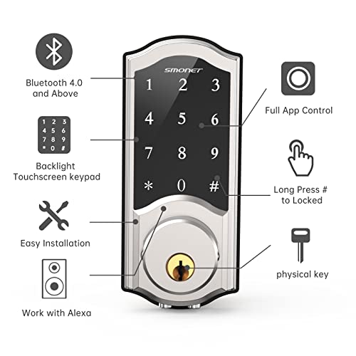 Smart Deadbolt, Smonet Keyless Entry Door Lock For Front Door, Electronic Digital Keypad Smartphone Touch Unlock Bluetooth Remote Auto Lock One-Time Code Easy To Install Support Wifi For Exterior #TOP1