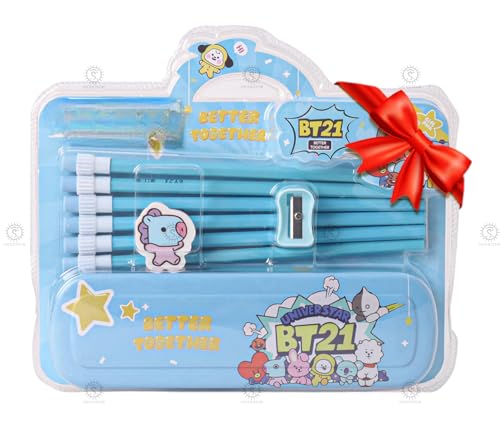 Image of SHAKTISM Beautiful Stationery Set with Pencil, Eraser, Pencil Box, Sharpener, Combo School Stationery Set for Kids - 9pcs (BTS-Blue)