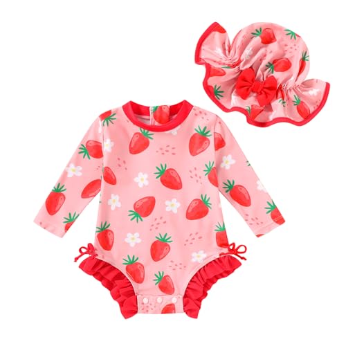 Image of Infant Baby Swimsuit Girl Long Sleeve UPF 50+ Sun Protection One-Piece Rash Guard with Hat Zipper Bathing Suit