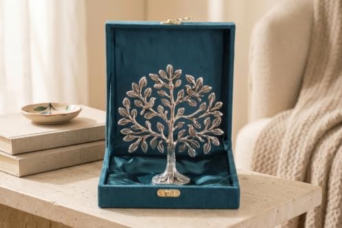 Image of Metal Kalpavriksha Tree for Home Decor - Golden Wish Fulfilling Tree Metal Showpiece for Temple, Vastu, Office Table & Gifting Banyan (No 0 Silver with Box)