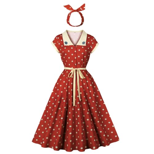 Wellwits Women's Polka Dot Floral Collar Work Party Smart Elegant Vintage Dress