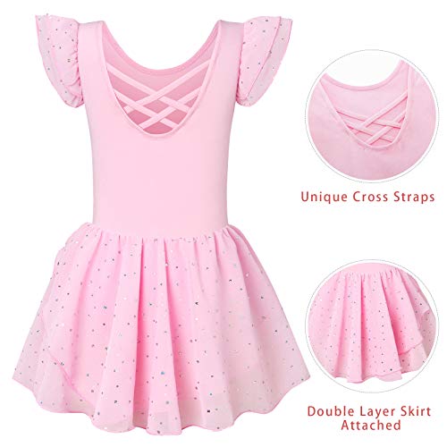 Ballet Pink Leotards for Girls Ruffle Sleeve Activewear Dance Tutu Dress Ballerina Outfits Size 8 9