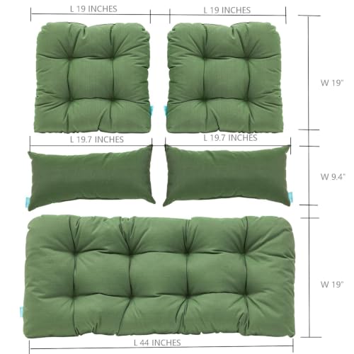 Image of QILLOWAY Outdoor Wicker Cushion Set of 5 - Waterproof Fade Resistant Patio Furniture Cushions, Loveseat 2 U-Shape 2 Lumbar Pillows for Porch, Bench, Backyard, Garden, Dark Green