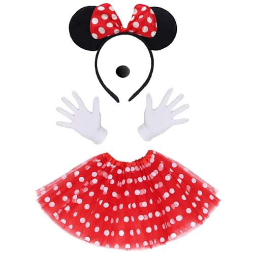 KEELYY Damen Maus Mouse Kostüm Rot Tutu Tüllrock mit weiß Gepunktet + Maus Ohren Haarreifen + Handschuhe + Nase, Faschingskostüme Damen für...