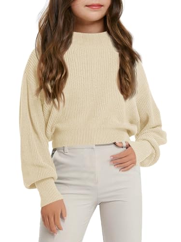 Image of Haloumoning Girls Knit Pullover Sweaters Mock Neck Long Lantern Sleeve Jumper Tops 5-14 Years