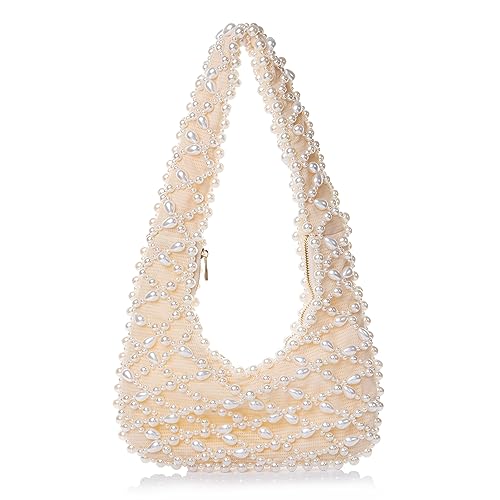 Abvokury Women Artisanal Acrylic Pearl Clutch Exquisite Beads and Fabric Woven Shoulder Bag Evening Satchal for Wedding Party (L)