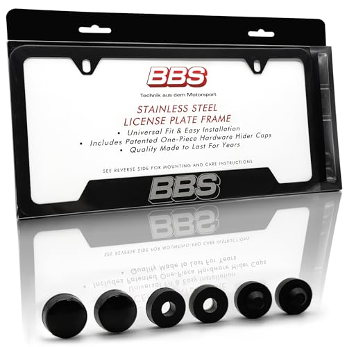 BBS Official Black Stainless Steel License Plate Frame – Made in USA – Premium Rustproof Powder-Coated Metal Car Accessory – Universal Fit – 1 Piece