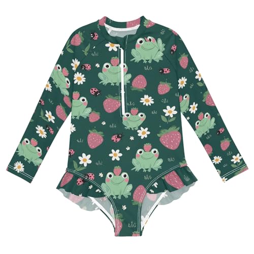ALAZA Toddler Swimsuit Girl Bathing Suit Swimwear Rash Guard Frog Strawberry Long Sleeve 3T