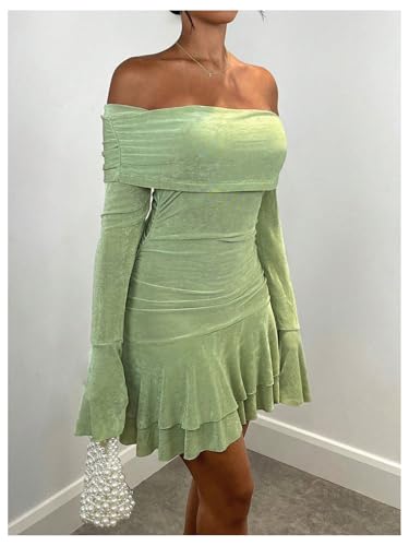 SOLY HUX Women's Off The Shoulder Mini Dress Bell Long Sleeve Ruffle Hem Ruched Bodycon Dresses3