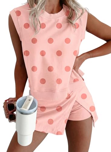 KevaMolly Womens Lounge Sets Pink Ribbed Trim Polka Dot Print Tank Split Mini Skort 2pcs Set Sleeveless Polka Dot Two Piece Sets Pink L