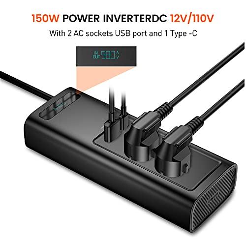 Baseus Power Inverter Car Inverter 150W DC 12V/110V Car Outlet Adapter car USB C LCD Screen with Switch and Current Outlet Adapter Power Inverters Accessories for Car
