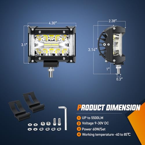 Image of Nilight Side Shooter LED Light Bar 2PCS 4.3 Inch Triple Row Spot Flood Combo Lights with Wiring Harness Kit for Off Road Fog Driving Work Lighting on Truck SUV ATV UTV (Pack of 12)