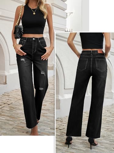 Genleck Women's Wide Leg Jeans Casual High Waisted Stretchy Jeans Straight Leg Denim Pants with Pockets2