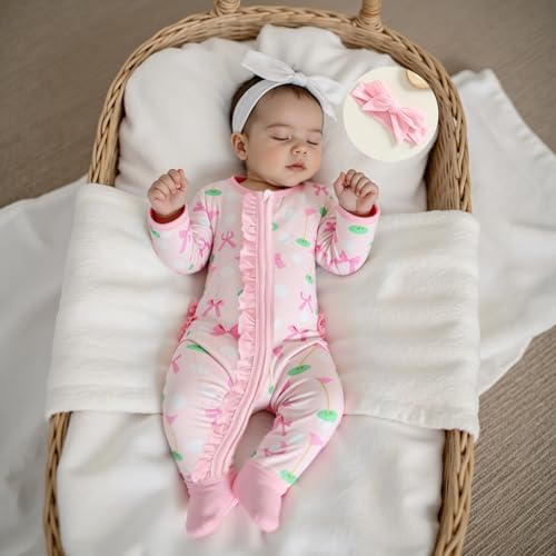 Newborn Baby Girl Golf Outfit Bow Golf Romper Long Sleeve Footed Zipper Jumpsuit Infant Fall One Piece Clothes3