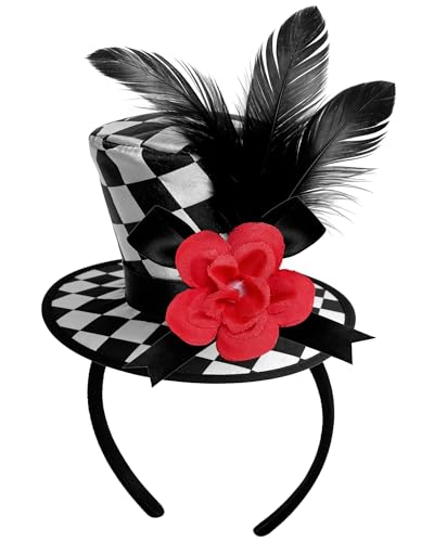 Bniksok Mini Top Hat Headband Black and White Clown Hat headband with Feathers Flower
