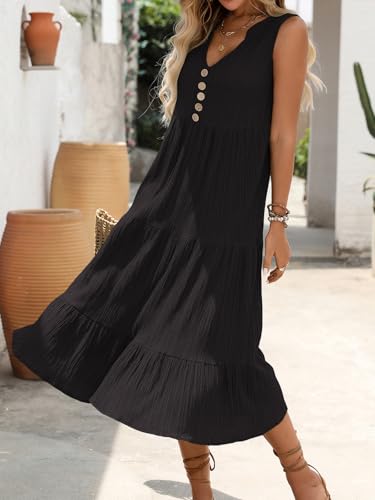 Image of HELYO Women's Casual Summer Dress 2026 Sleeveless V Neck Button Beach Sundress Tiered Ruffle Flows Skirt Midi Dresses