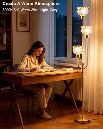 Image of 3-Lights Modern Glass Floor Lamp 66IN Gold Dimmable Floor Lamps with 3000K Warm White Bulbs for Wedding Party Tall Standing Lamp with Amber Glass Shade for Living Room /Bedroom /Girls Room
