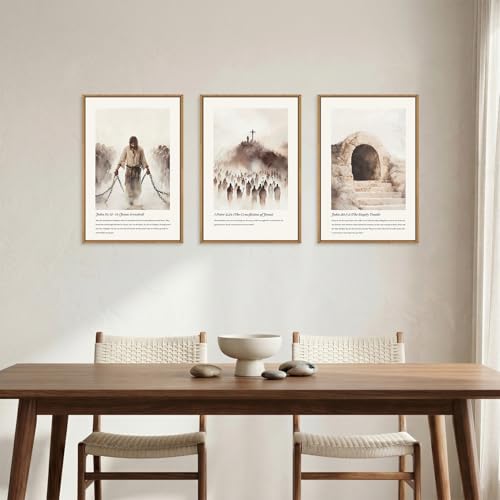 Image of KAIRNE Jesus Christian Framed Canvas Wall Art Set,Neutral Bible Verses Wall Decor,Modern Religious Scripture Art Prints,Christ Cross Empty Tomb Artwork for Living Room,Bedroom,Church,Office-16 x24 x3