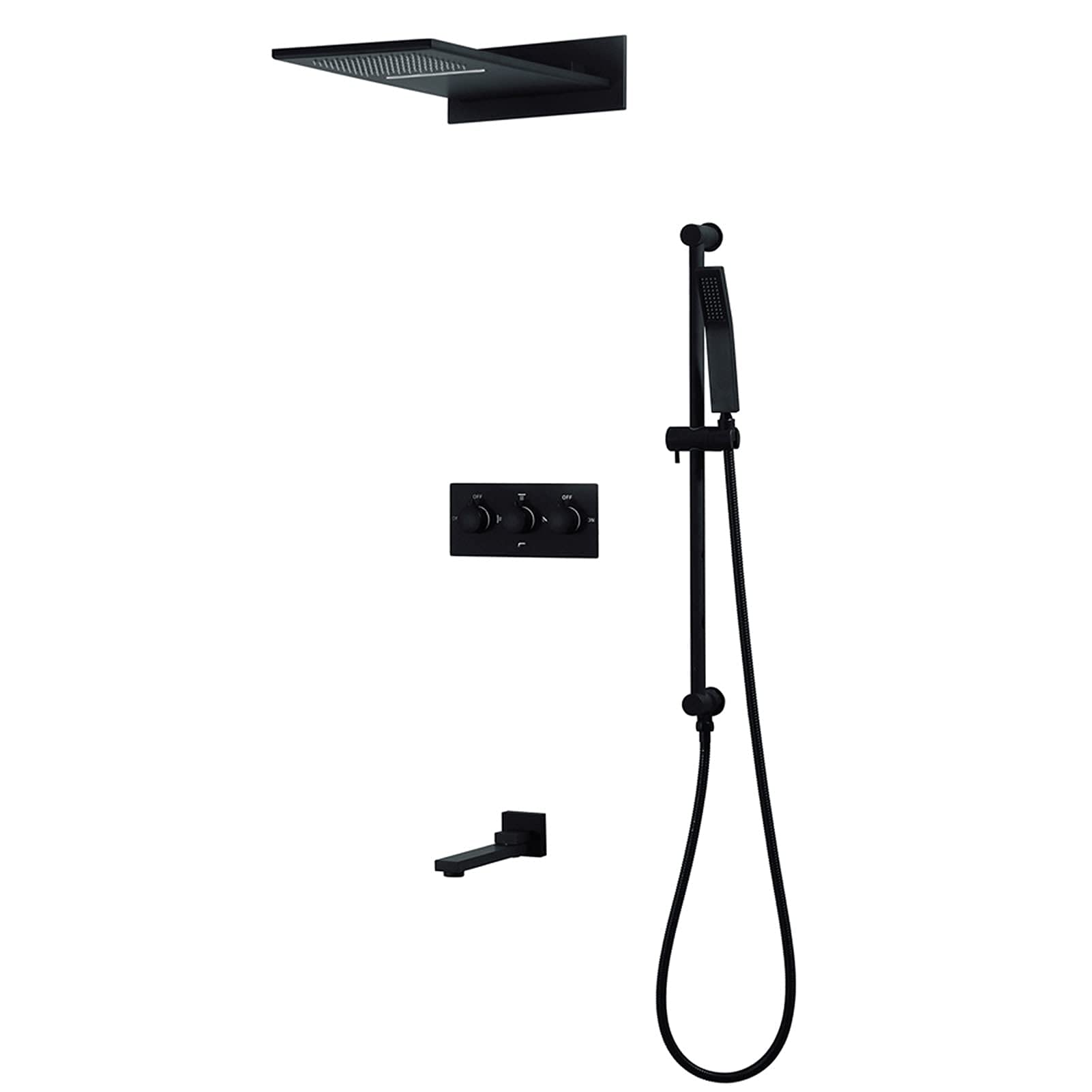 AYCDL Shower System with Adjustable Slide Bar, Waterfall Rainfall Shower Head with Hand Shower, Tub Spout, Wall Mount Shower Faucet Set Matte Black