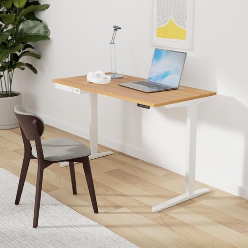 Image of UPLIFTDESK Bamboo (48 x 30 inch) Standing Desk 2-Leg V3 Adjustable Stand Up C-Frame (White), Advanced Keypad, Wire Grommets, Wire Tray, Rocker Board