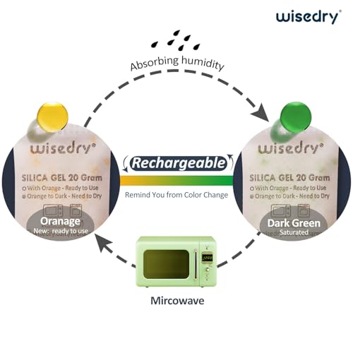 Image of wisedry 20 Gram [12 Packs] Rechargeable Silica Gel Packets Microwave Fast Reactivate in 2MINS Moisture Absorber Desiccant Packs with Orange Indicating Beads Food Grade