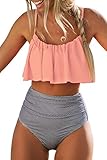 CUPSHE Women's Falbala Design High Waisted Bikini Set, Pink Orange, Size X-Large