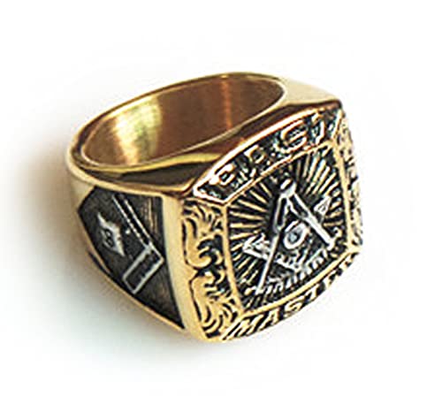 Mason Zone Masonic Rings for Men - Gold Tone Past Master Freemason Ring - Stainless Steel with Silver Color Top with Mason Symbols (Size 12)