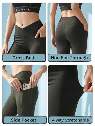 Image of BLINKIN Flared Gym Pants for Women Workout - Gym Tights Leggings with Crossover Belt | Workout Lowers | Trackpants |Gym Lower| Flare Yoga Pant for Woman with Side Pocket (4047)