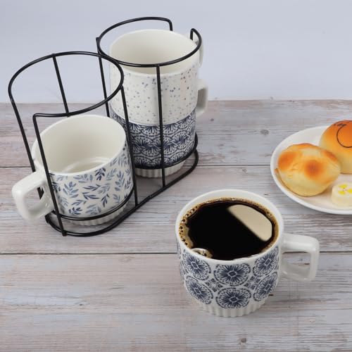 Lavezee BR230671 Stackable Coffee Mugs With Stand, 12 Oz Ceramic Drinking Mug Cup Gift Set Of 4 For Tea Milk Latte, Geomertic Patten Mug With Square Shaped Handle thumb #5