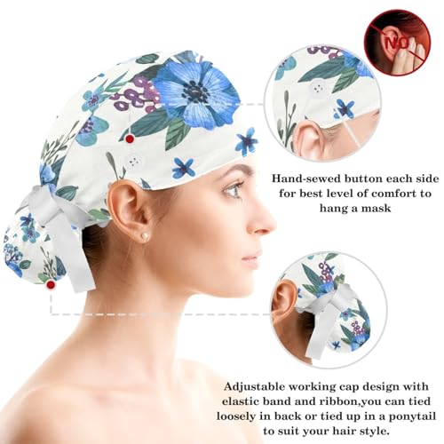 Image of Red Blooming Rose Flowers Black Working Cap with Scrunchy and Ribbon Tie for Women, Long Hair