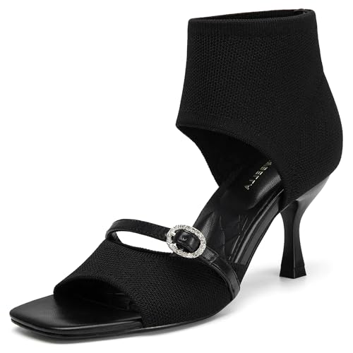 NEWBELLA Mousse Fit Women's Square Toe Stiletto Sandals - 2.5 Inch Knit Peep Toe Heels, Stretchy Dressy Sandals for Weddings & Everyday (Black, Adult, Women, 7.5, Numeric, US Footwear Size System, Medium)
