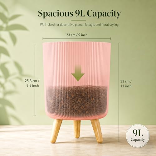 Image of Eightiz Store Modern Pink Flower Pot with Plastic Legs | Indoor Outdoor Planter for Home Garden Balcony Decor Ribbed Design Sturdy Plastic Mid-Century Style (Pink, Pack of 2)