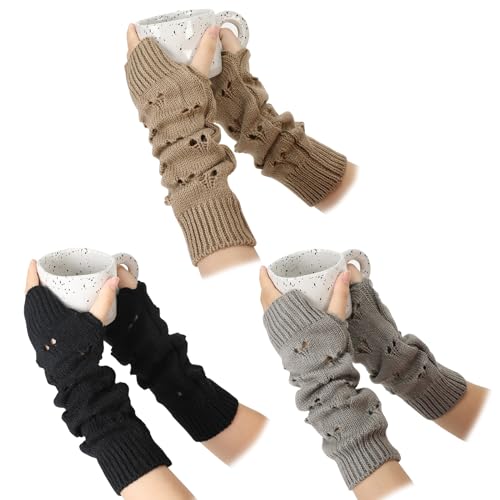 Smivyhp 3 Paar Grunge Handschuhe Fairy Grunge Zubehör Lange fingerlose Handschuhe Zerrissener Handschuh Gestreift Stricken Armwärmer Häkelhandschuh Winter Warme Handschuh