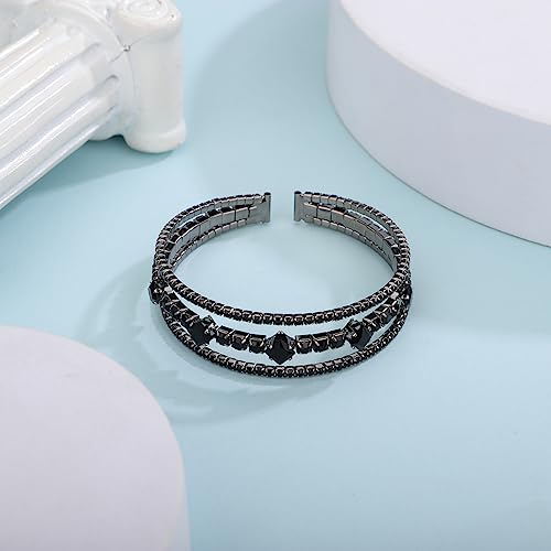 Xerling Black Rhinestones Open Cuff Stretch Bangle Bracelets Boho Layered Sparkle Crystal Tennis Stretchable Bracelets for Women4