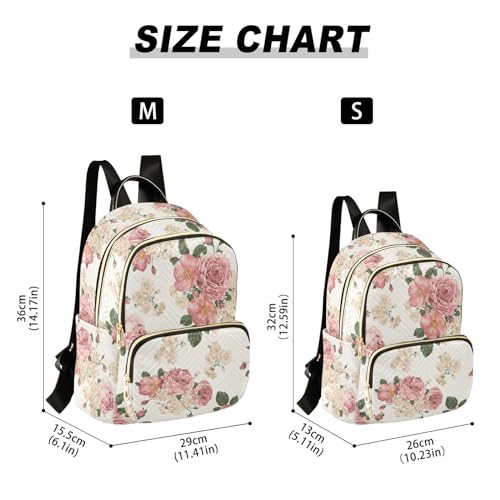 Image of Women Fashion Backpack Purse Roses Vintage Floral Rucksack, M | Casual Lightweight Quilted Daypack Ladies Bag for College Travel Work