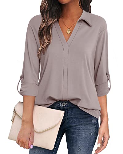 Vivilli Womens Blouses For Work Dress Shirts And Blouse V Neck Relaxed Fit Cotton 3/4 Cuffed Sleeve Collared Shirts For Office Wear Lightweight Dressy Tops For Women Work Casual Adobe Rose L #TOP6