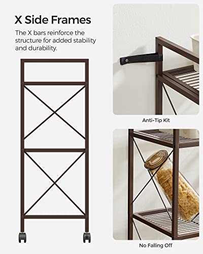 Image of SONGMICS 3-Tier Metal Storage Rack with Wheels, Mesh Shelving Unit with X Side Frames, 23.6-Inch Width, for Entryway, Kitchen, Living Room, Bathroom, Industrial Style, Metallic Bronze UBSC163A01