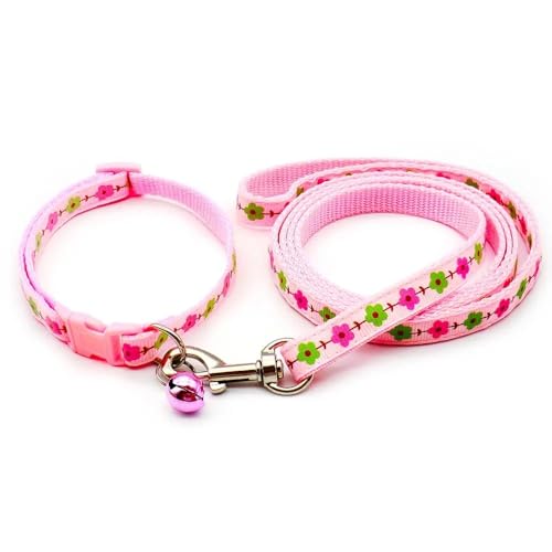 Small Dog Puppy Pet Collar and Lead Set Flower Design Nylon Adjustable Size 19-32cm Collar with Bell and 120cm Leash Pink - Image 2